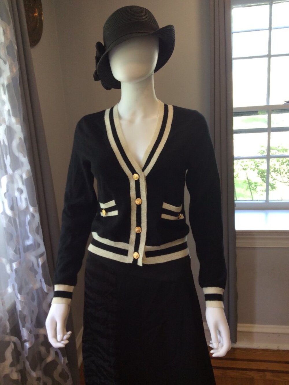 100% Cashmere Aqua Black White Knit Cardigan Dress Luxe Preppy Sweater